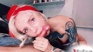 Sexy Blonde Striptease and Sensual Blowjob after Work – Closeup